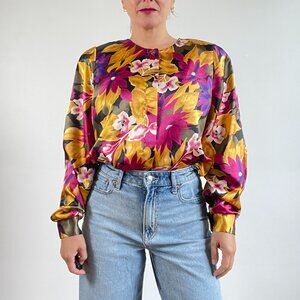 Vintage ELITE Floral Satin Blouse - Size 14 US